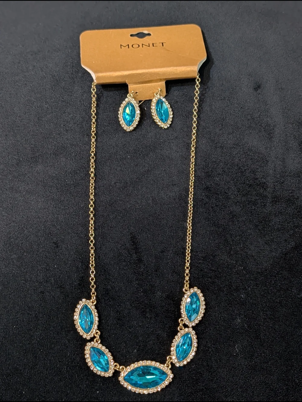 Monet Gold-Tone Necklace and Earrings with Teal Blue Marquise Stones